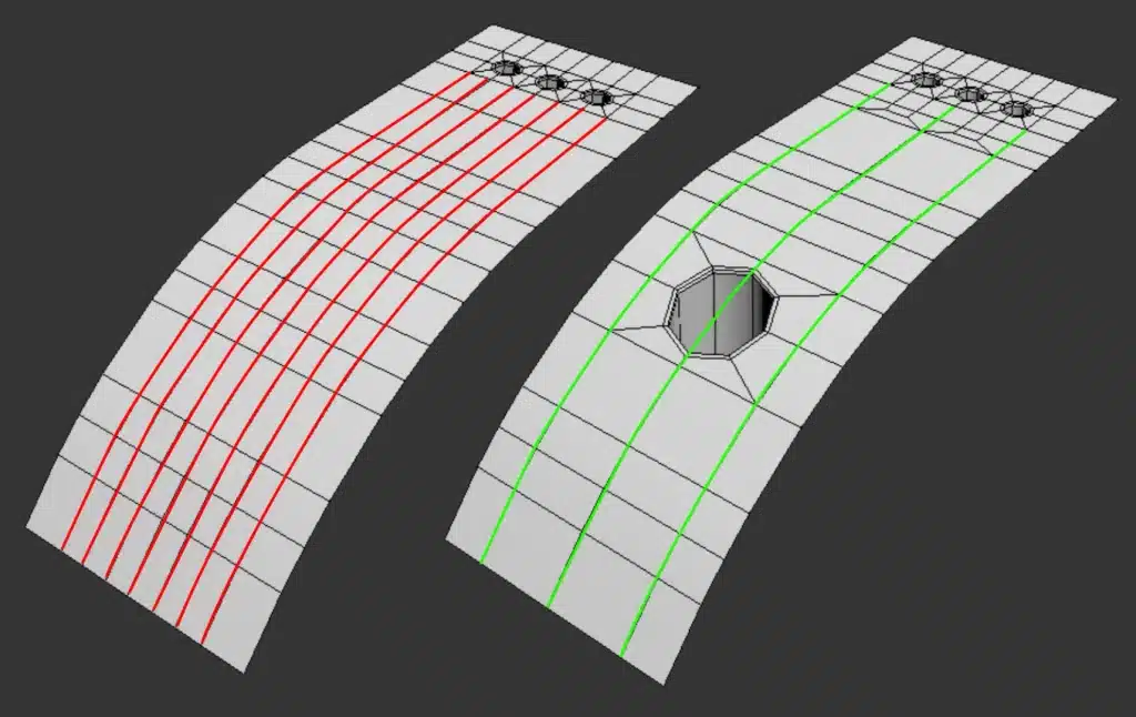 This is where edge loop reduction becomes useful.
Edge loop reduction is the process of transitioning from a denser area of geometry to a simpler one while keeping the topology controlled. Instead of carrying the same number of loops across the entire model, you can gradually redirect or reduce the edge flow where the extra detail is no longer needed.