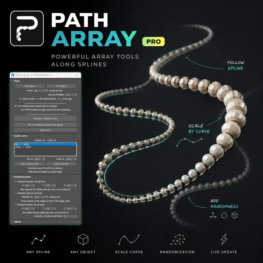 Path Array Pro is a 3ds Max script for quickly distributing any object along a spline, with full control over spacing, scale, orientation, and randomization.