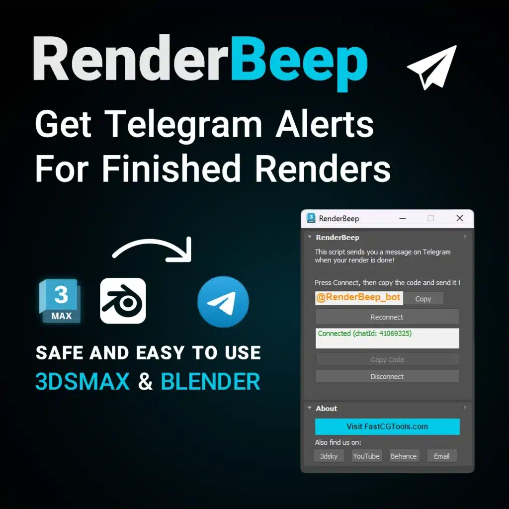 Get a Telegram alert the second your 3ds Max render finishes. Works with any render engine. Free, no files ever leave your PC. Download now