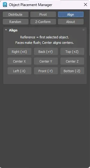 َA 3ds Max tool that help you align objects— A fast 3×3 grid to line objects up to a reference by any face (edge) or by center, on any axis. Perfect for flush walls, centered props, and clean layouts.