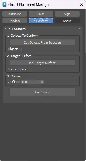 a 3ds Max script tool that help you z conform objects on any surface. Drop scattered objects onto any surface along Z with a single click. Works on wavy planes and terrain, respects Wave/Noise modifiers, and keeps X/Y in place — ideal for settling rocks, props, and scatter onto uneven ground.