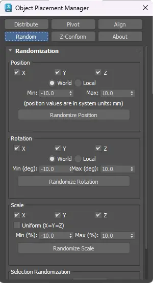 A 3ds Max script tool that help you randomize objects. Break up repetition in one shot: randomize position, rotation, and scale within your own ranges, or keep a random percentage of a selection for natural scatter.