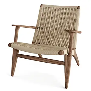 Photorealistic 3D render of mid-century modern lounge chair with walnut wood frame and woven rope seating, created in 3ds Max with Corona Renderer - professional furniture visualization for interior design