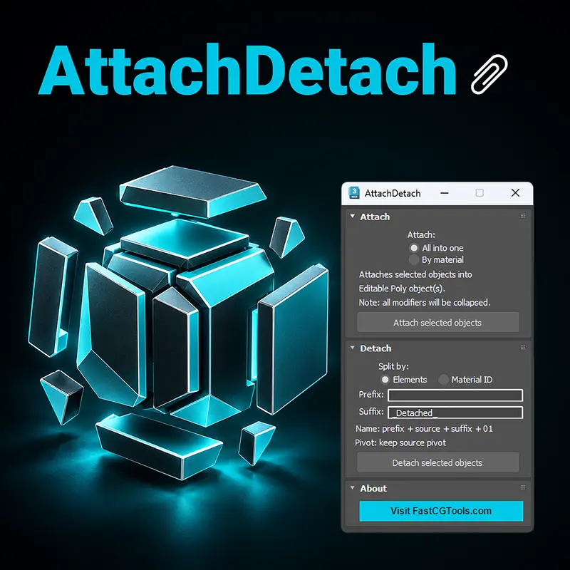 Attach and detach multiple objects in 3ds Max with AttachDetach. Attach by material, split by element or material ID. Free script for 3ds Max 2020 and newer.
