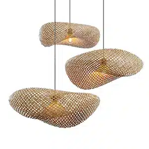 Photorealistic 3D render of organic woven pendant lights cluster, created with 3ds Max and Corona Render, modern interior lighting visualization.